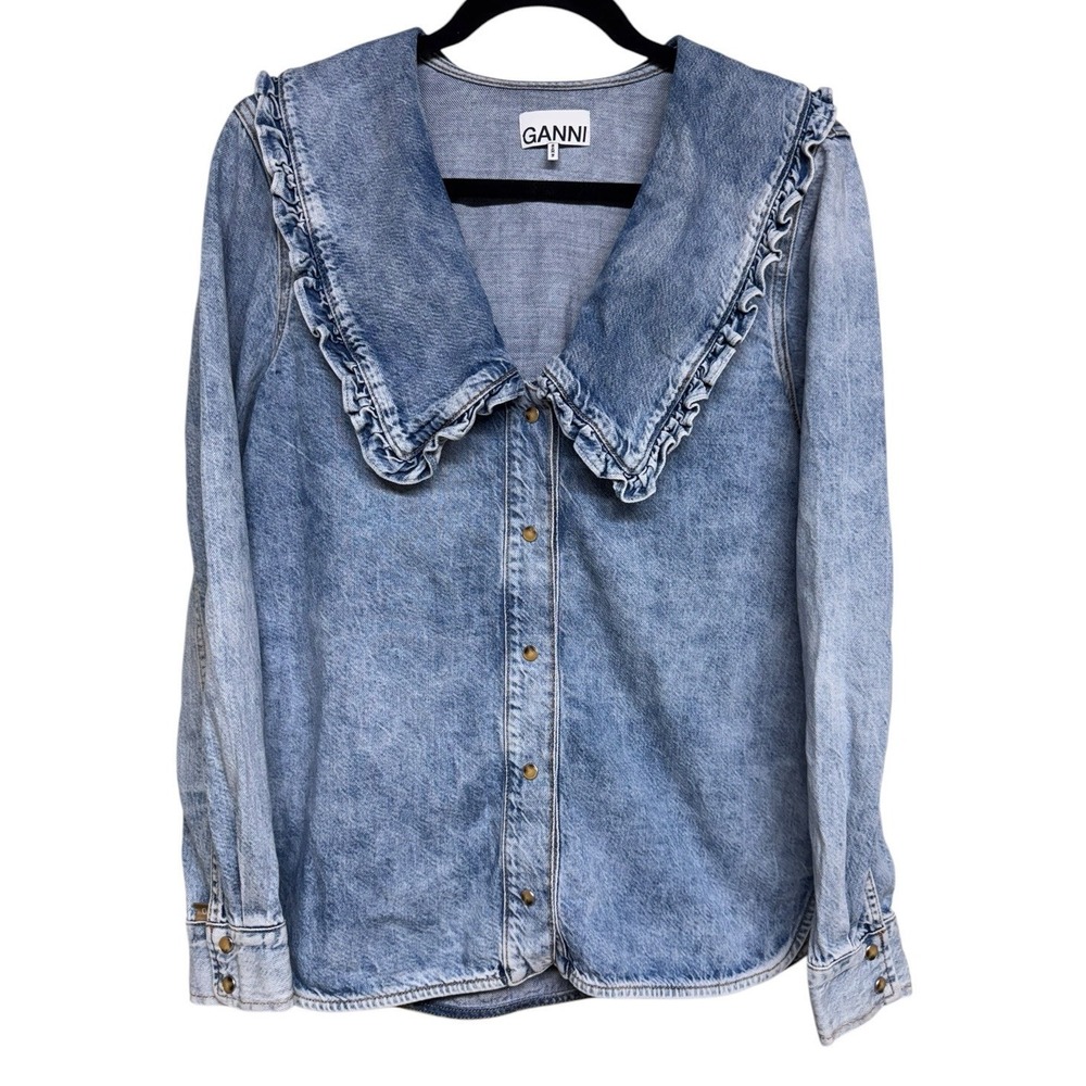 Ganni Signature Collar Button Down Top Washed Indigo Women's Size 38